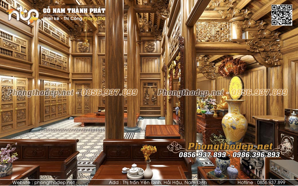 phối cảnh 3D thiết kế không gian nhà gỗ 5 gian tại Bình Dương